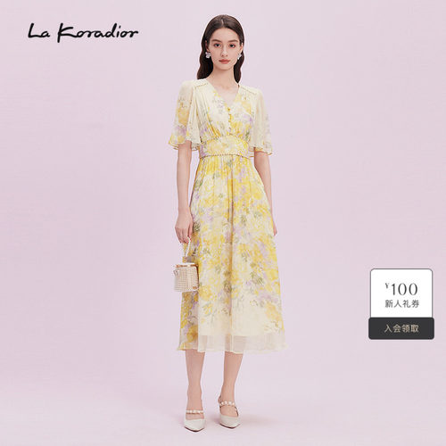 La koradior拉珂蒂夏季新款100桑蚕丝印花浪漫真丝丝绸连衣裙女
