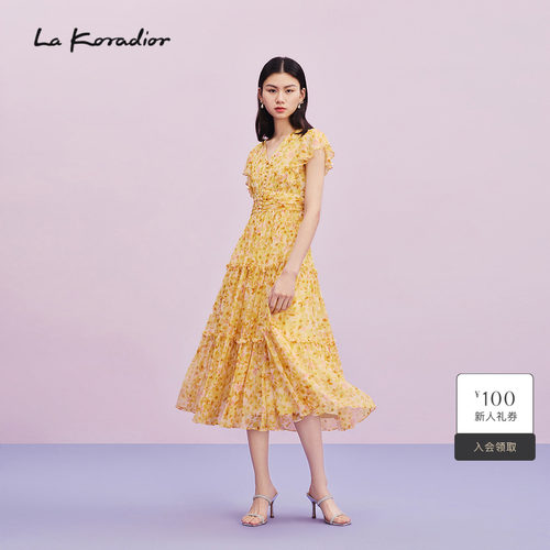 【商场同款】Lakoradior拉珂蒂减龄女春夏新款荷叶边褶皱蛋糕长裙