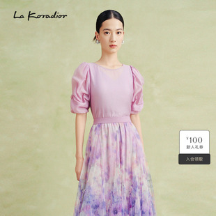 碎花短袖 气质显瘦短款 紫色印花女新款 上衣 Koradior拉珂蒂夏季