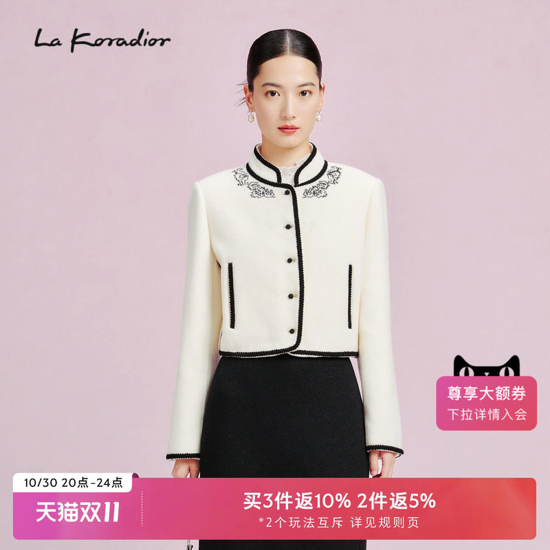 【羊毛】La Koradior拉珂蒂立领单排扣毛呢印花短上衣气质外套女
