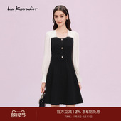 Koradior拉珂蒂商场同款 法式 气质洋装 裙拼接中长款 钉珠连衣裙