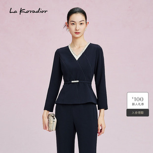 收腰长袖 Koradior拉珂蒂v领简约小衫 上衣 进口三醋酸