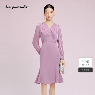 时尚 新款 气质连衣裙紫罗兰鱼尾裙长裙 Koradior拉珂蒂通勤秋季