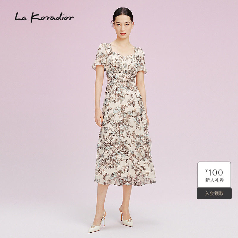 La Koradior拉珂蒂2025夏100桑蚕丝复古印花气质收腰真丝连衣裙女