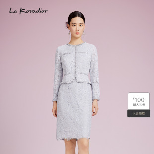 假两件香风连衣裙蕾丝镂空中长裙子女 新款 Koradior拉珂蒂秋季