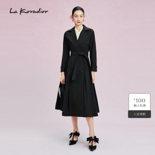 领过膝长款 黑色双排扣气质西装 风衣外套女 Koradior拉珂蒂春款
