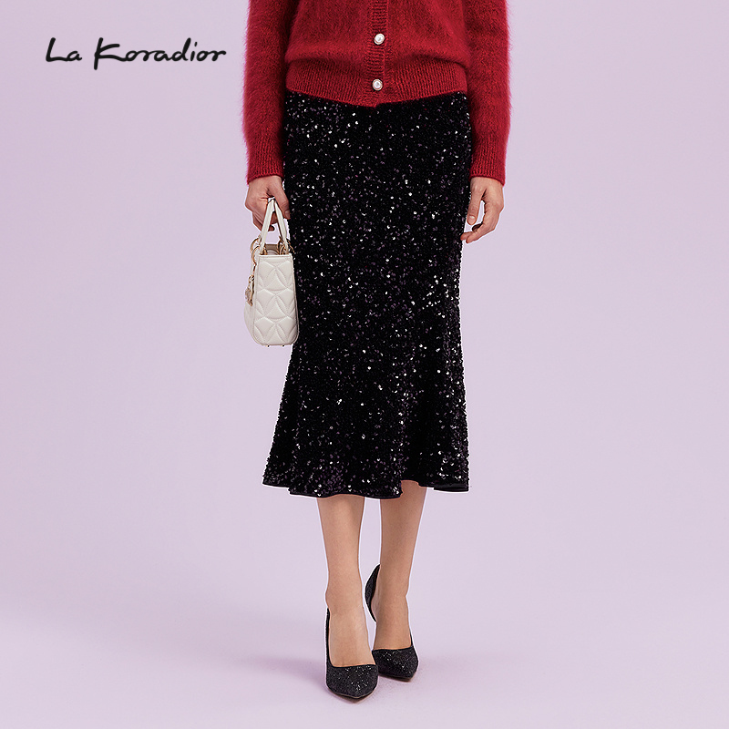 La Koradior拉珂蒂商场同款新款纯色高腰鱼尾半身裙气质修身长裙