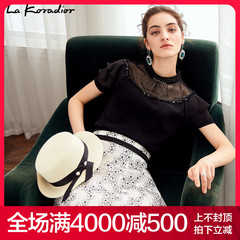 La Koradior拉珂蒂黑色针织衫女短袖套头薄款镂空上衣2019夏新款