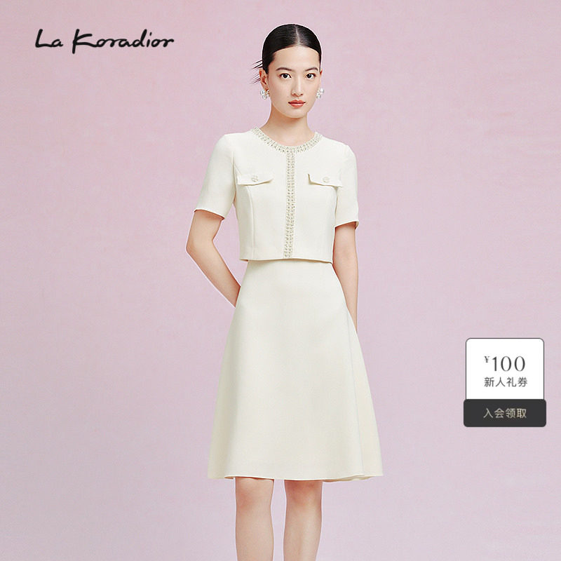 【法式洋装裙】La Koradior拉珂蒂春季法式钉珠假两件短袖连衣裙