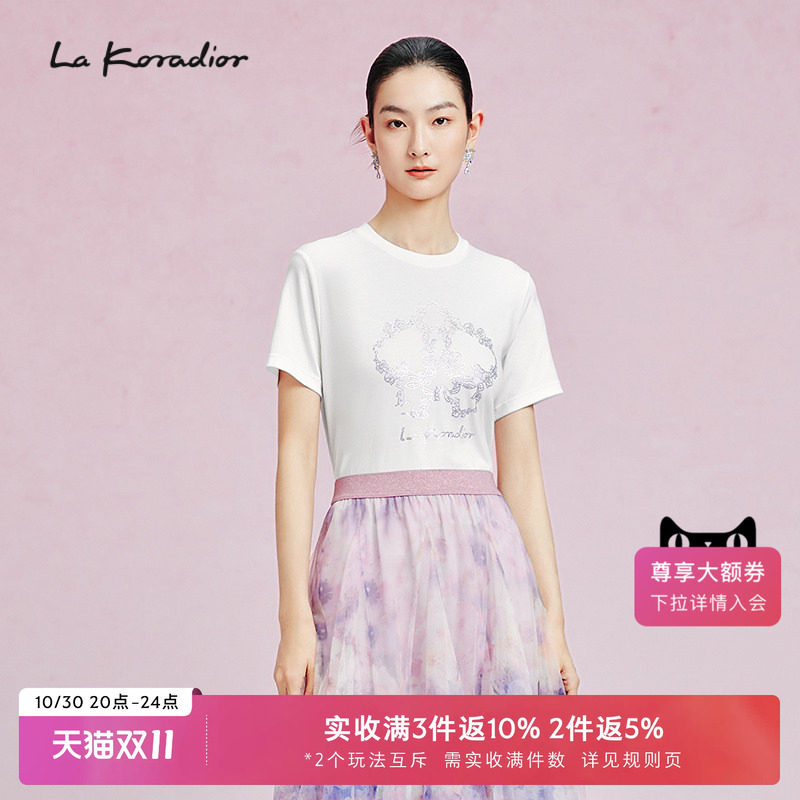 La Koradior拉珂蒂新款圆领白色蝴蝶兰烫钻纯棉T恤衫上衣通勤女