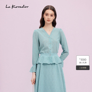 浅蓝针织上衣女V领荷叶边优雅 新款 Lakoradior拉珂蒂商场同款 春季