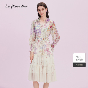 Koradior拉珂蒂真丝桑蚕丝花卉印花连衣裙女 艺术家联名款