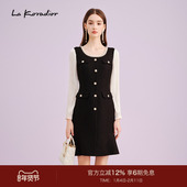 Koradior拉珂蒂商场同款 时尚 秋季 连衣裙拼色圆领气质修身 长裙