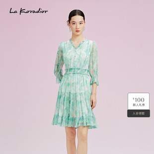 桑蚕丝 新款 V领连衣裙女2025夏季 蛋糕裙 koradior拉珂蒂时尚
