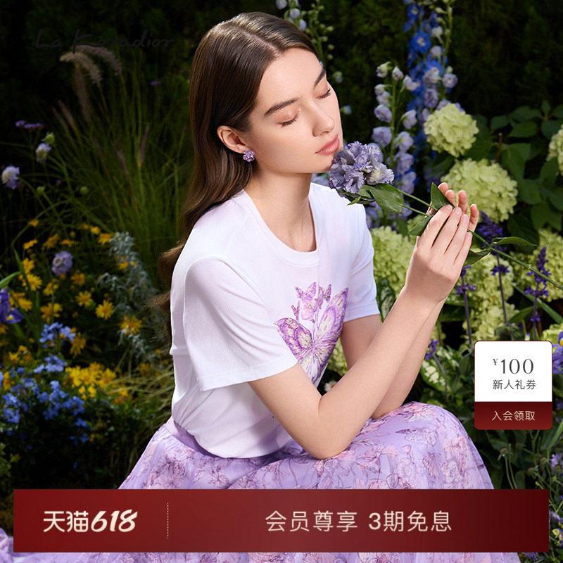 Lakoradior拉珂蒂商场同款休闲白色短袖上衣女蝴蝶图案圆领T恤