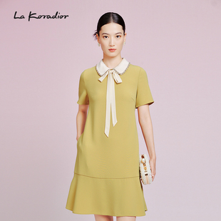 Koradior拉珂蒂夏季 铃兰裙 淡黄系带三醋酸直筒连衣裙 法式