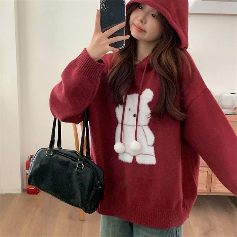 忠犬小八梨形自制小熊宽松连帽柔软毛衣女春秋小个子设计感针织衫