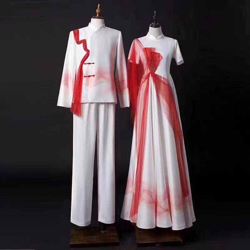 新款大合唱团演出服男女红歌比赛诗歌朗诵表演服舞台主持人服装