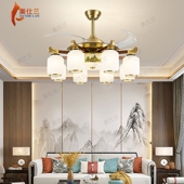 吊扇灯全铜新中式 客厅风扇吊灯实木饭厅智能大气胡桃木隐形吊扇灯