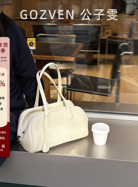 【公子雯】波士顿包2025通勤白色头层牛皮手提单肩腋下包保龄球包