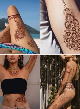 高端纹身贴2023新款印度蕾丝红棕色防水半永久henna贴纸tatto小众