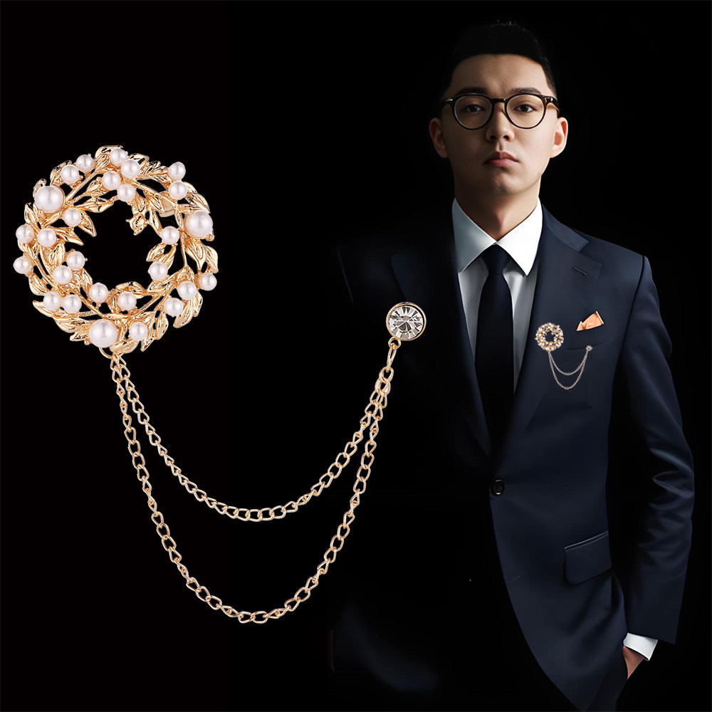 时尚花环高档男士西服胸针 珍珠圆环镶钻流苏西装外套别针配饰