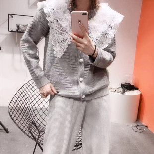 开衫106 欧洲站春季新款女装韩版气质百搭蕾丝娃娃领灰色上衣
