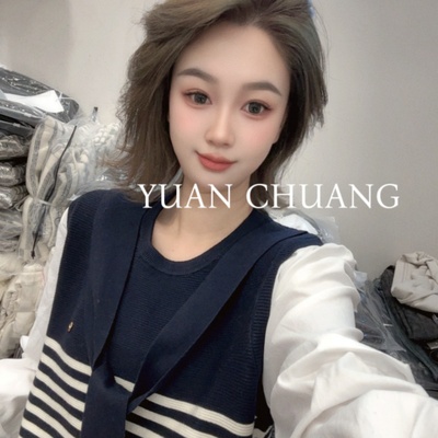 秋冬新款韩版假两件拼色条纹针织衫女圆领长袖毛衣上衣1214