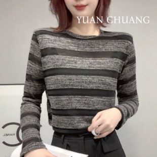 圆领短款 春季 女长袖 条纹针织衫 宽松百搭显瘦上衣324 新款