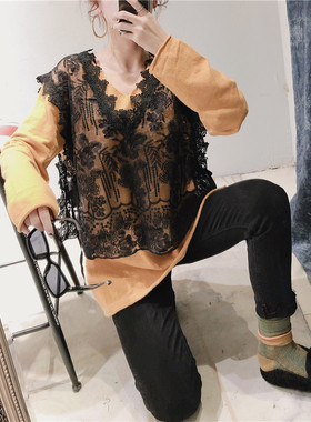 欧洲站新款女装上架中长款v领小衫拼接蕾丝绿色套装1103