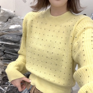 百搭毛衣上衣1122 短款 欧洲站秋冬新款 圆领重工亮钻针织套头女长袖