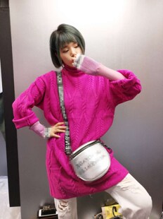 欧洲站新款女装上新中长款高领粉红色针织裙毛衫1003