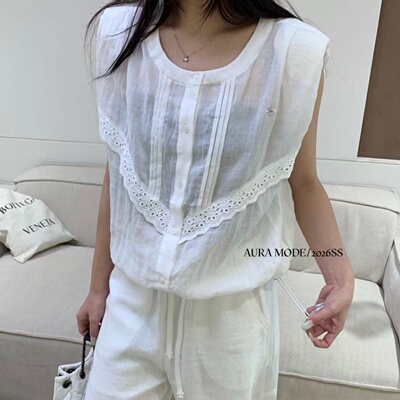 Aura mode夏季新款温柔拼接无袖上衣女设计感显瘦百搭气质衬衫524