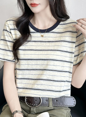 圆领条纹短袖t恤女夏季新款宽松体恤撞色显瘦百搭休闲汗衫上衣潮