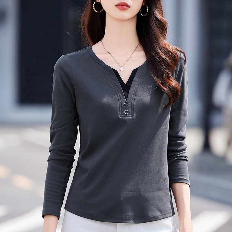 纯棉撞色假两件打底衫女内搭2025春秋新款V领长袖t恤小衫外穿上衣
