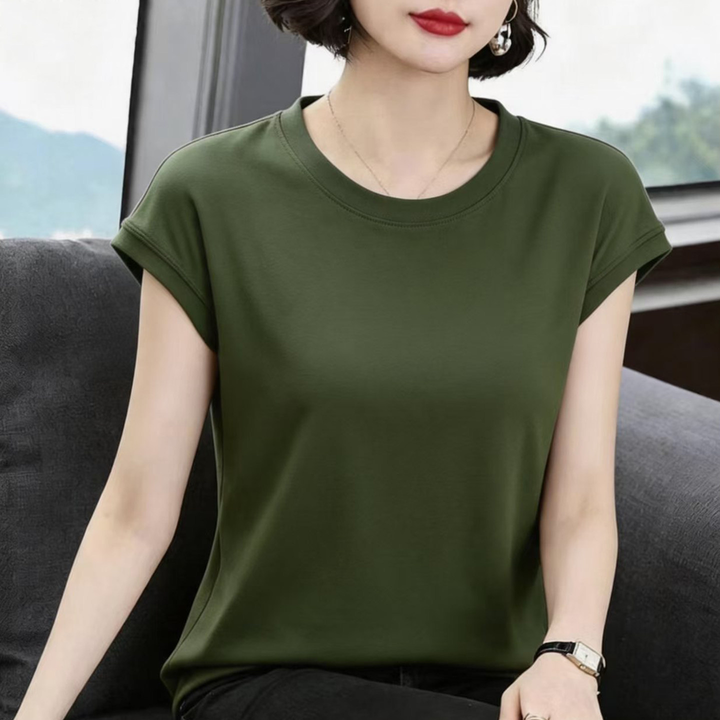 莫代尔无袖短袖t恤女夏2026新款宽松显瘦正肩圆领纯色高级感上衣