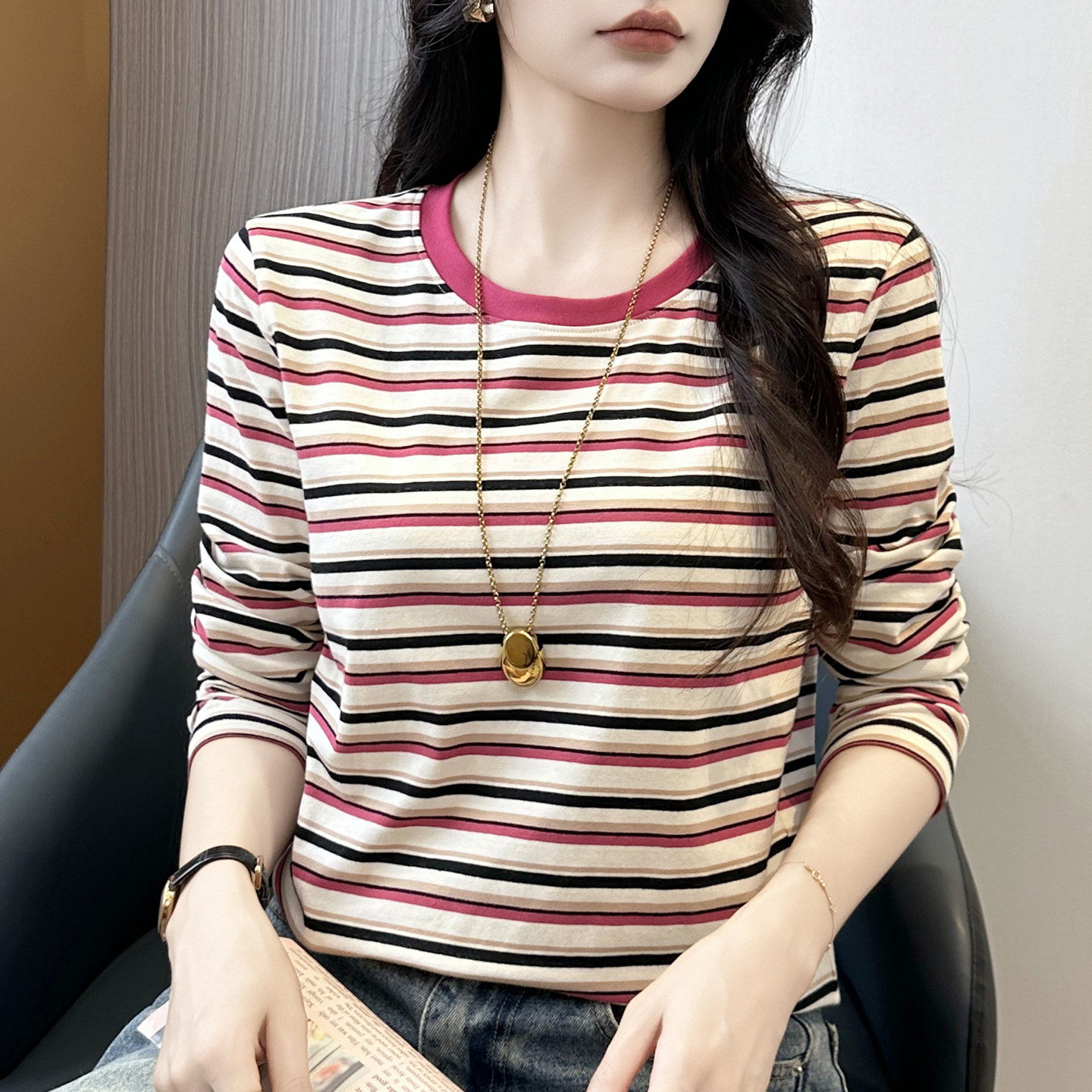 纯棉圆领撞色条纹长袖t恤女秋冬2026新款宽松休闲内搭打底衫上衣