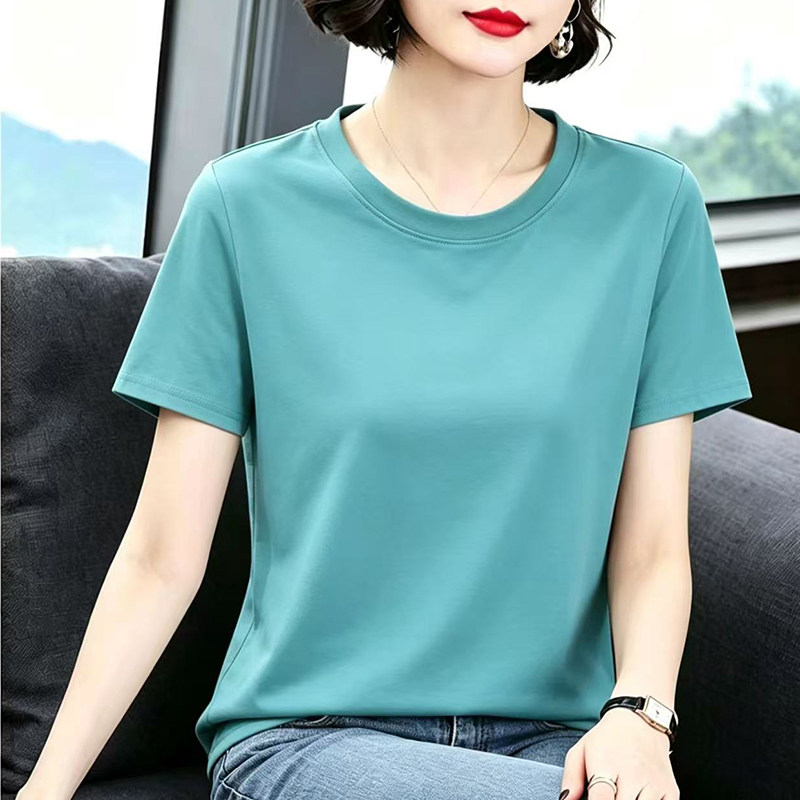 100%纯棉短袖圆领T恤女夏季新款韩版通勤洋气百搭遮肚子正肩上衣