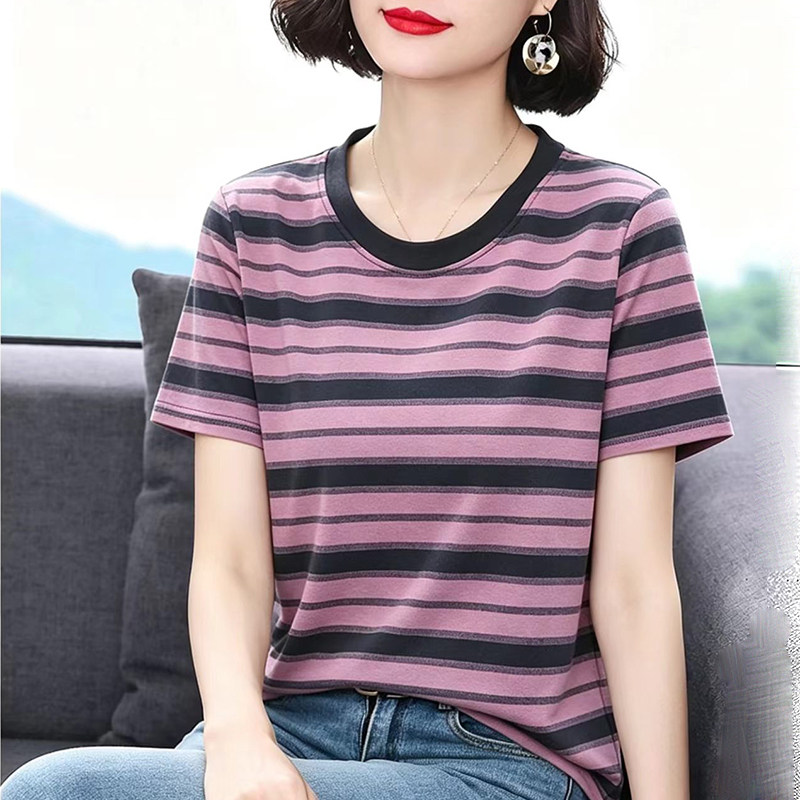 纯棉正肩圆领条纹t恤女短袖夏装新款宽松显瘦休闲运动遮肚子上衣