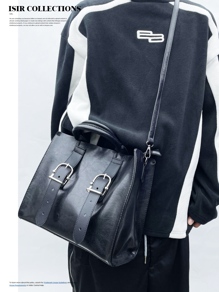 isir 原创小众简约百搭休闲大容量全黑疯马纹通勤斜挎手提托特包