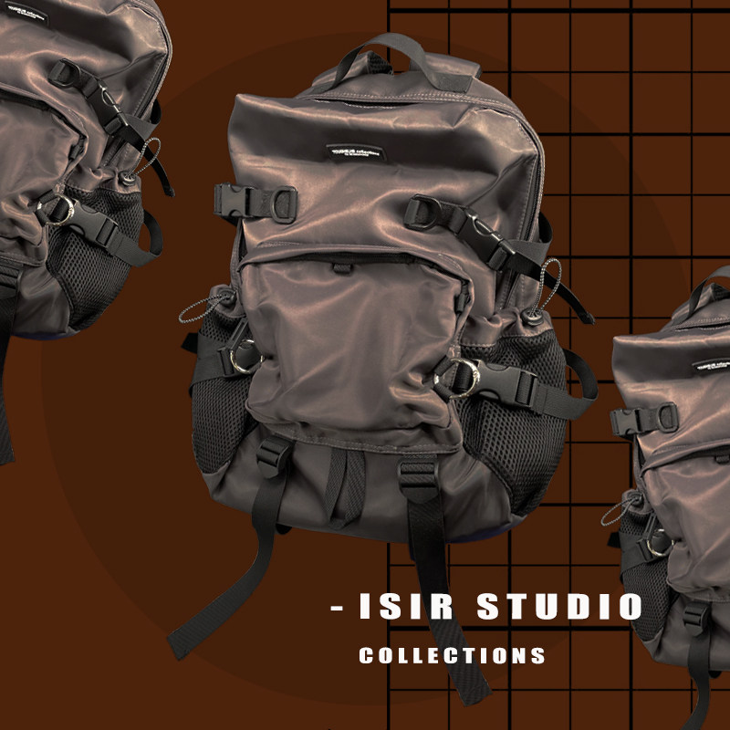 isir 美式咖啡色 小众特调色解构复古圆环设计 大容量拼接双肩包