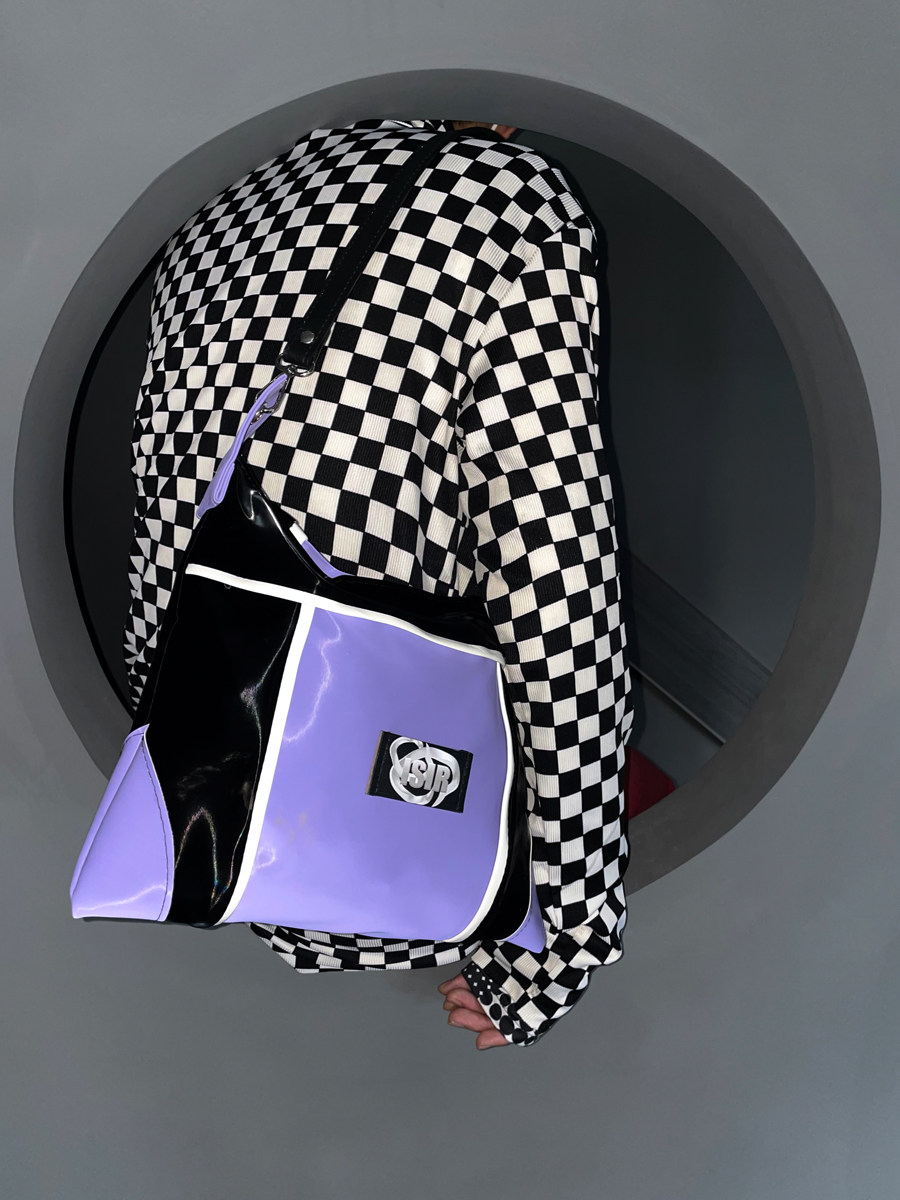 isir 原创 小众未来感运动线条撞色液态紫 手提拼接单肩斜挎包包