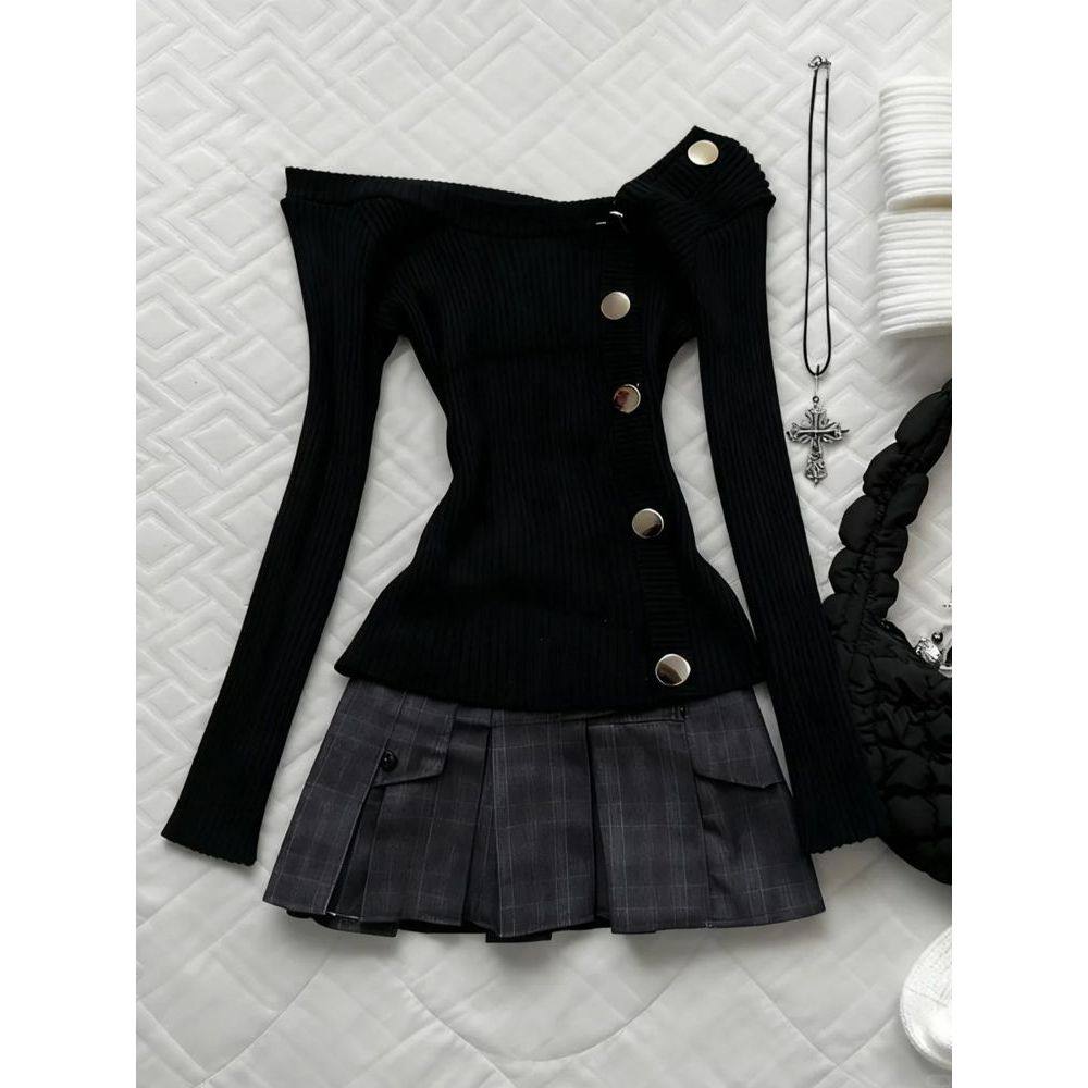 Vintage古着 黑色斜肩针织上衣+短裙秋冬新款复古甜酷风格两件套