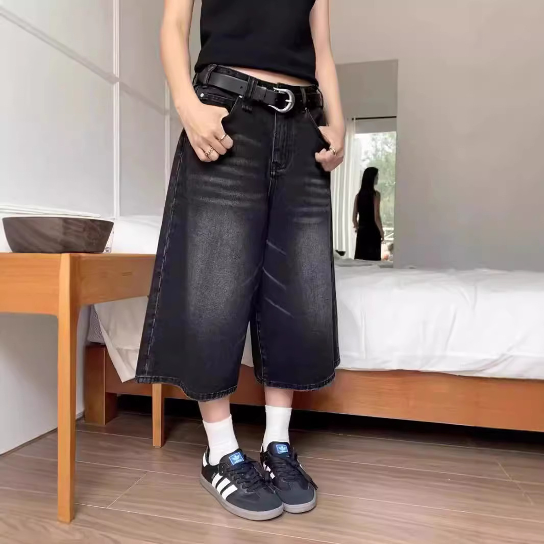 美式黑色牛仔七分裤女夏季复古中裤宽松五分裤直筒裤子大码短裤