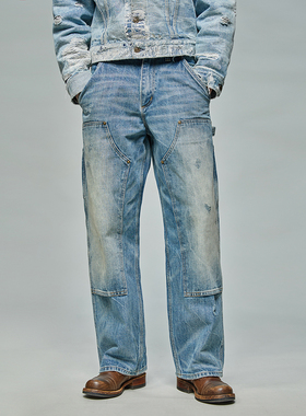 UNSOLUTE 双膝 酸化闪电纹 刀割15OZ重磅 伐木工装 水洗 牛仔裤