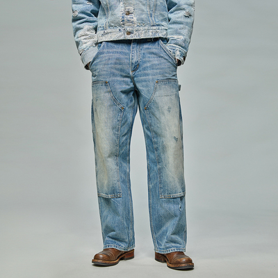 UNSOLUTE 双膝 酸化闪电纹 刀割15OZ重磅 伐木工装 水洗 牛仔裤