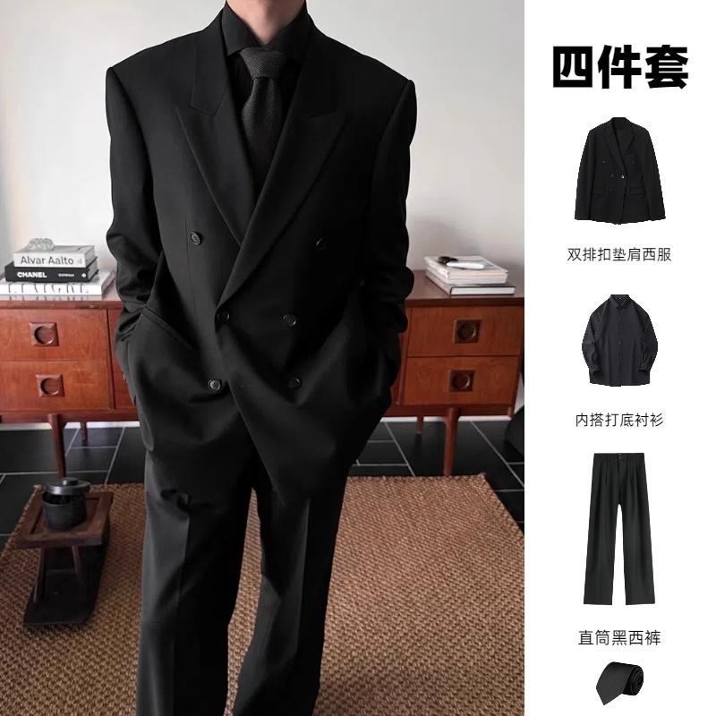 黑色双排扣西装外套男春秋西服