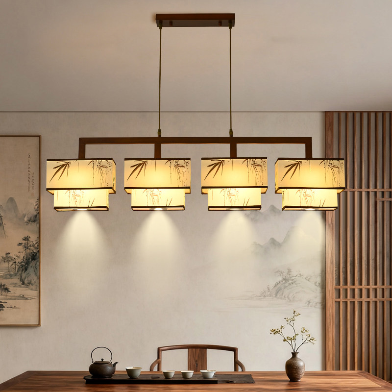 新中式茶桌上方吊灯长条5头餐厅灯宋式美学饭厅灯前吧台灯带射灯