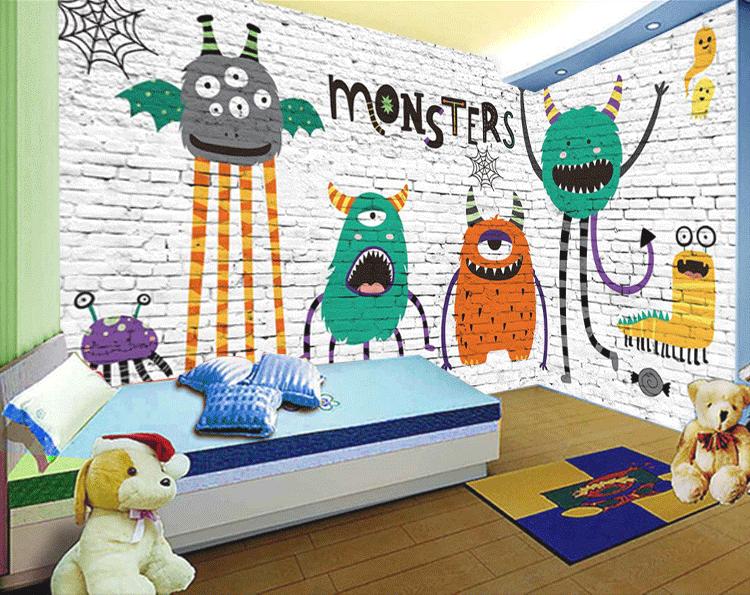 卡通怪物壁纸儿童房个性动物壁画 抽象手绘艺术墙纸 美术教育墙画