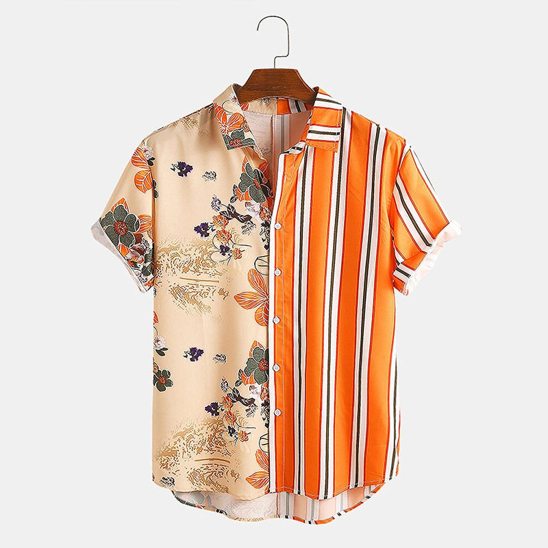 Men Casual Shirt Printing Striped Patchwork Streetwear Lapel